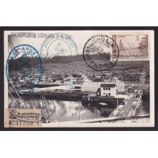 ARGENTINA 1961 USHUAIA TARJETA POSTAL CON VISTA DE LA CIUDAD CIRCULADA A LA ANTARTIDA CON VARIAS MARCAS, MUY LINDA PIEZA RARA